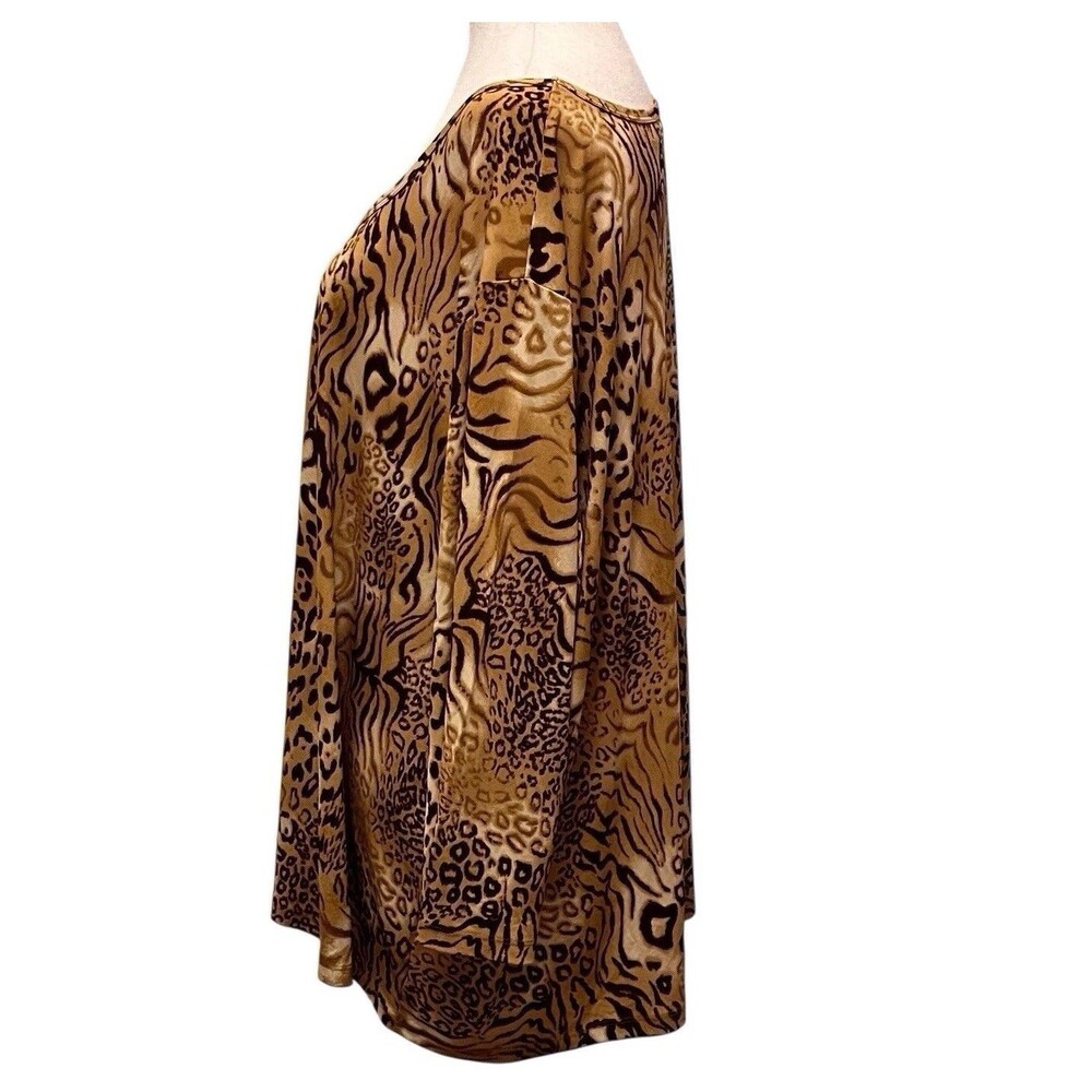 SUSAN GRAVER Liquid Knit Blouse Womens Large Top 3/4 Sleeve Cheetah Print Lace - Picture 4 of 7